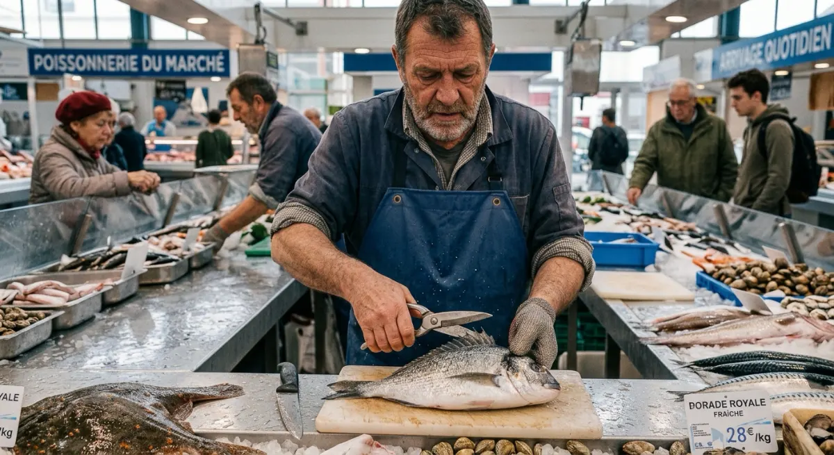 un poissonnier qui pare une dorade royale